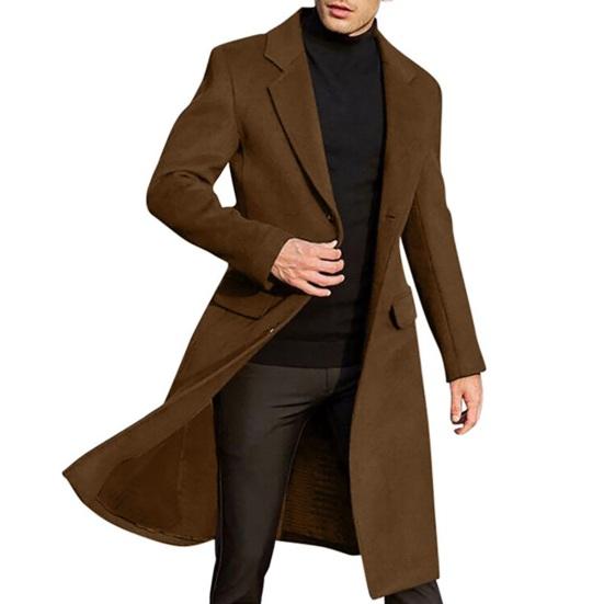 Men Woolen Coat Lapel Long Sleeve Buttons Placket Mid-length Coat Solid Color Retro Style Windbreaker