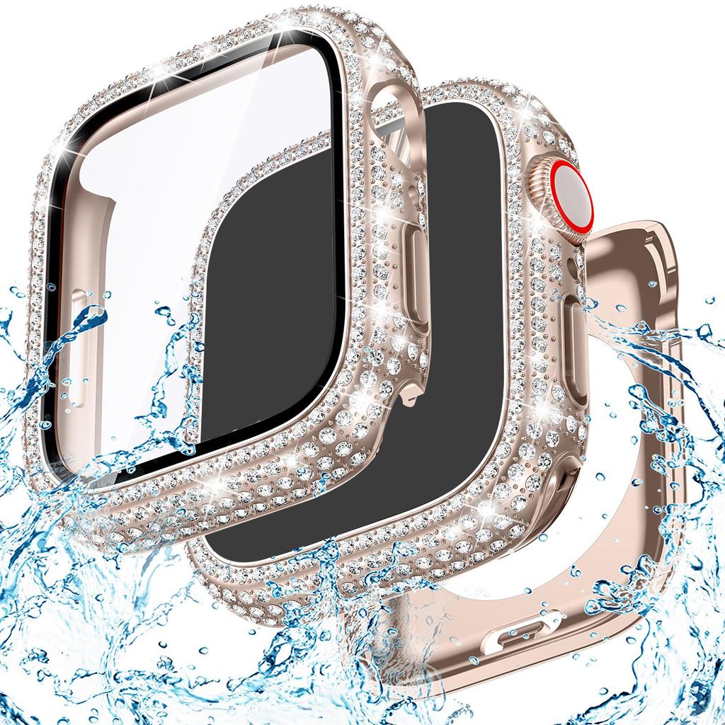 Glass+Bling Cover For Apple Watch Case 44 45mm 41mm 40mm 42mm 44 mm Diamond bumper+Screen Protector iwatch series10 9 8 7 5 6 SE