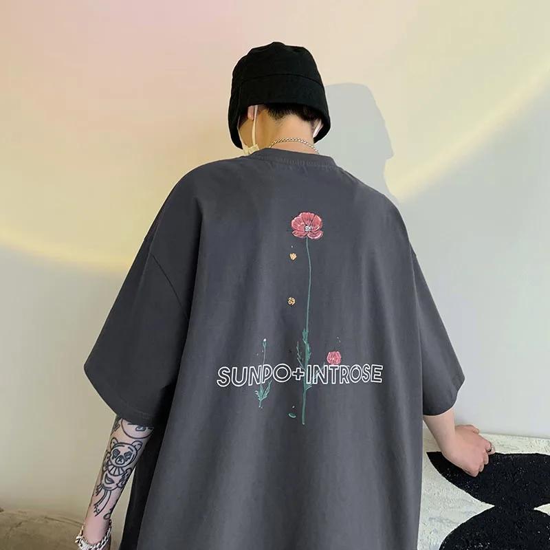 

Передовой дизайн Принт розы 100% хлопок Мужская футболка с коротким рукавом и круглым вырезом Повседневная футболка Свободные топы оверсайз Женские XXXXXL темно серый