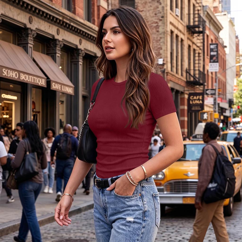 Women's Stretch Ribbed Short Sleeve Round Neck Slim Fit T-Shirt