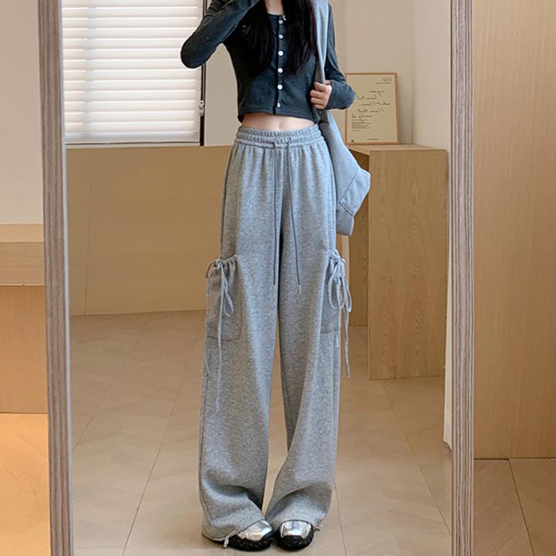 

Брюки кэжуал для работы с бретелями-бантами из жатого кружева, дизайн для похудения, свободный крой, широкие штанины, спортивные штаны для ранней осени S