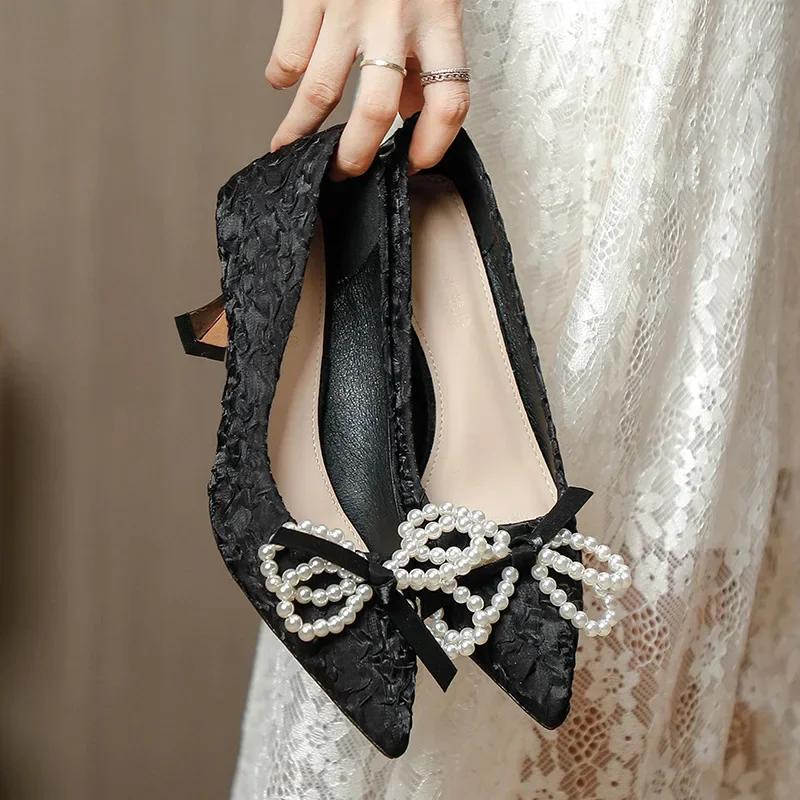 

Fashion 2025 French White High Heels Women s Stiletto Pointed Shoes Pearl Bow Small Heel Shoes 35 чёрный