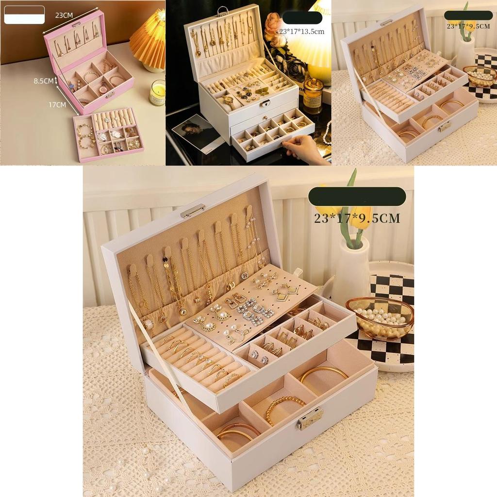 Classic Leather Jewelry Box With Multiple Layers For Elegant Storage Of Earrings Rings And Necklaces