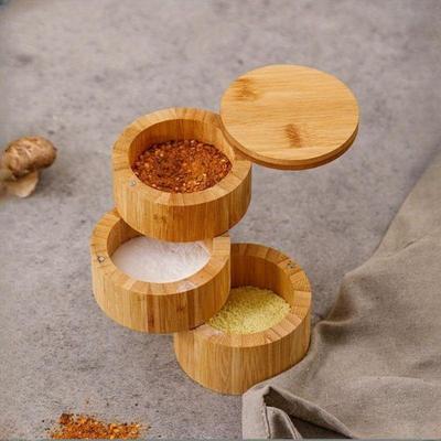 Çevre Dostu Mutfak Ürünleri Bambu Ahşap Üçlü Tuz Baharat Saklama Kabı Kutusu Manyetik Döner Kapaklı