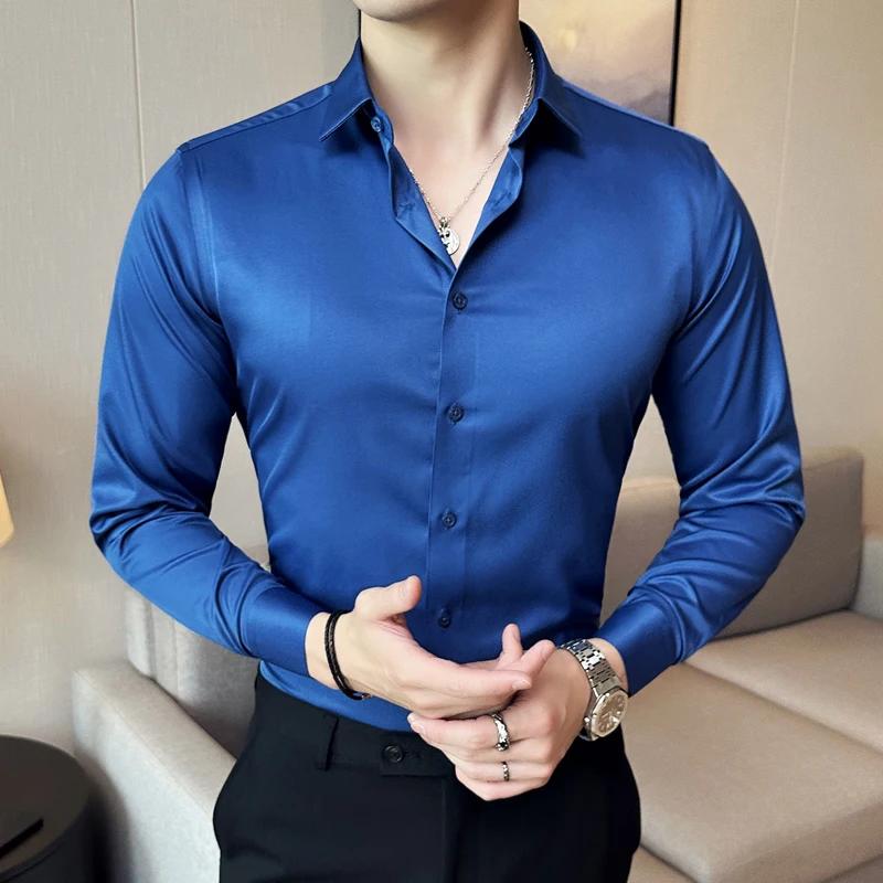 Black Men's Stretchy Wrinkle-Free Shirts, Blue Gray Red Green Asia Size M38-7XL46, White Plain Long Sleeve Office Dress Shirt.
