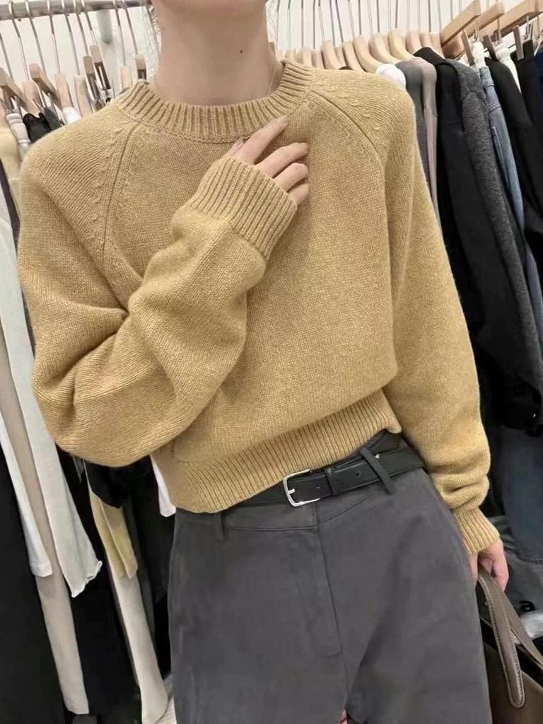 Women's 100% Pure Wool Loose Knit Sweater - New Lazy Style, Thick Round Neck, High Waist, Short Design