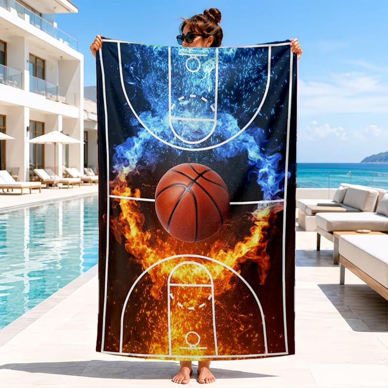 Basketball On Fire And Ice Beach Towel, Microfiber Beach Towel, Perfect For Pool, Beach, Travel, Home Decor Beach Party Fan Gifts