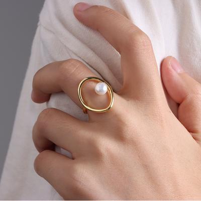 Elegant and Simple Style Line Freshwater Pearl Ring Niche Design European and American Tide Geometric Metal Index Finger Ring