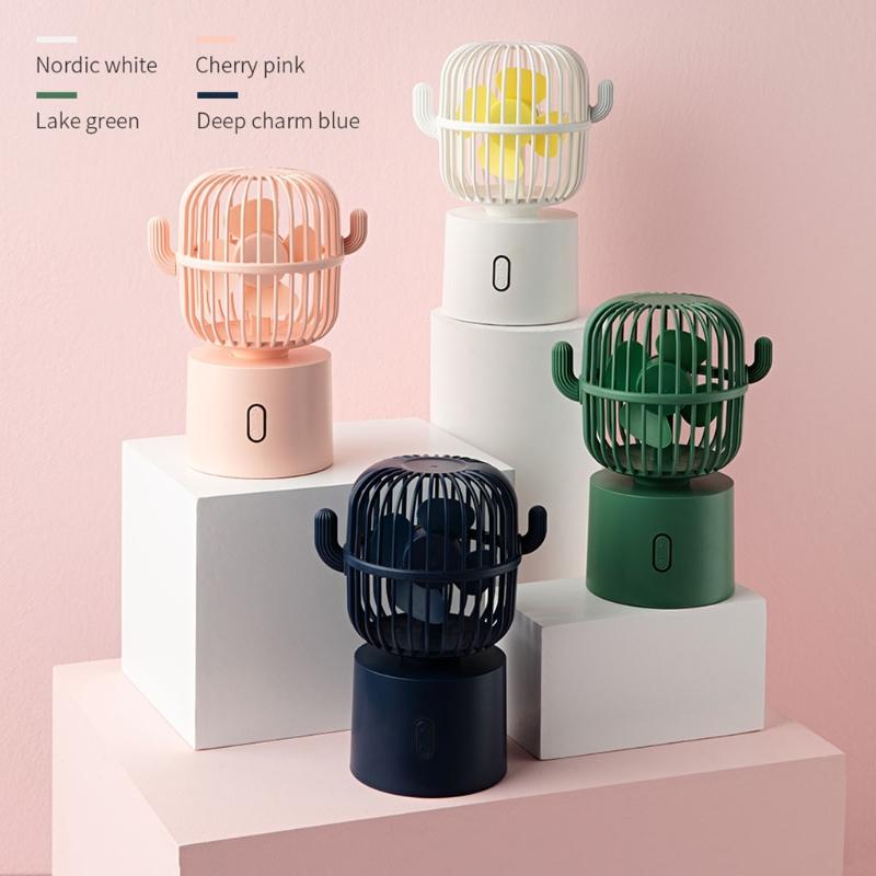 Small Desktop USB Desk Fan Cactus Mini Handheld Table Rechargeable 80 Degree Auto Rotation Portable Fans 3 Speeds Wind