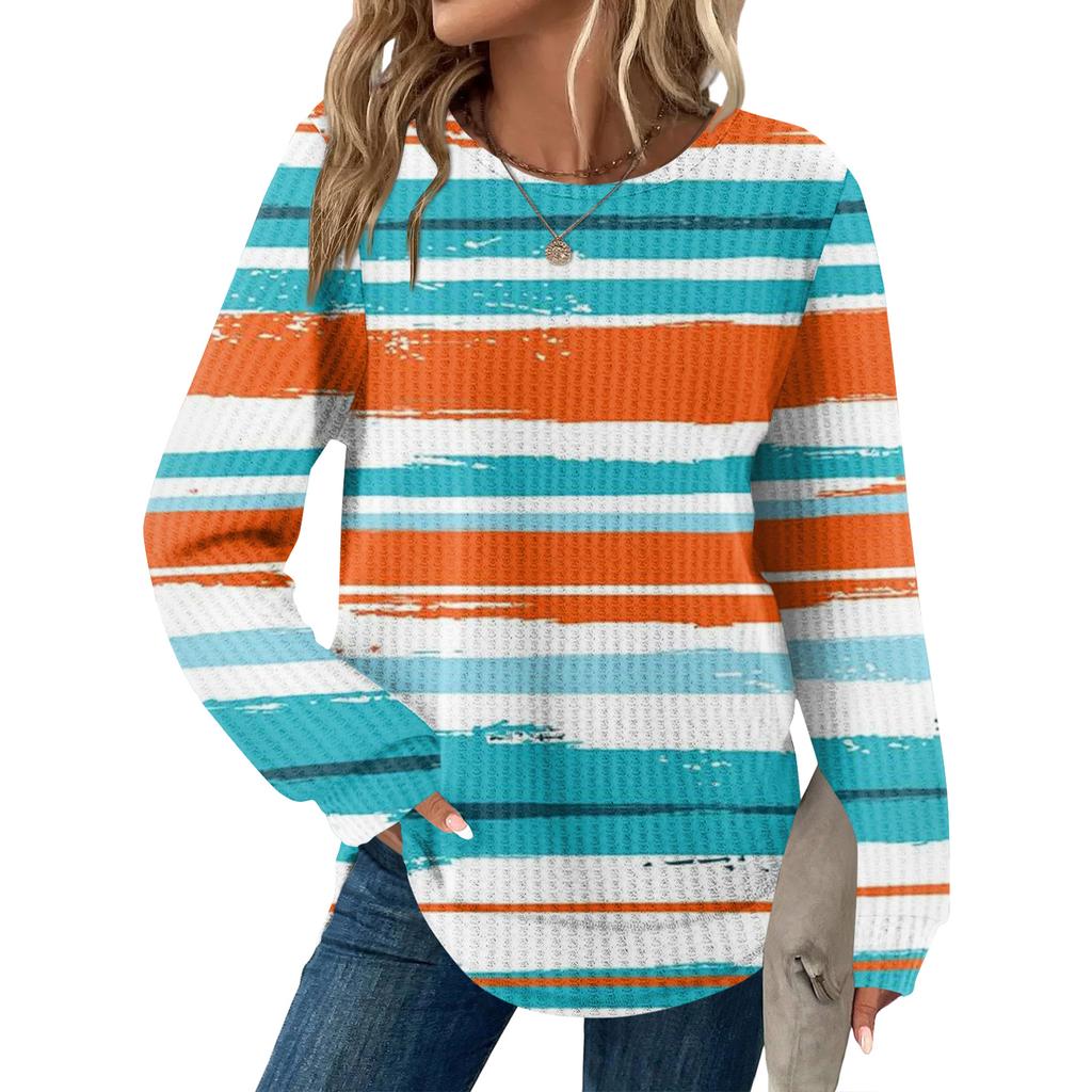 Damen Gestreiftes Druck Rundhals Langarm Locker Lässiges Oberteil