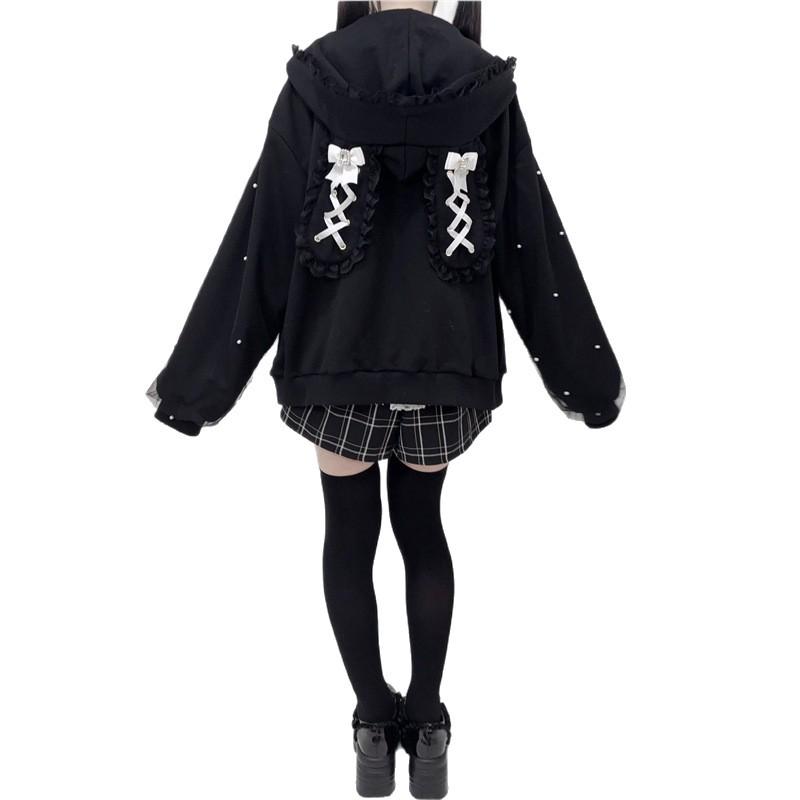 Japanese Subculture 2D Bunny Ear Hooded Jacket with Lace-up Bow & Pearl Details