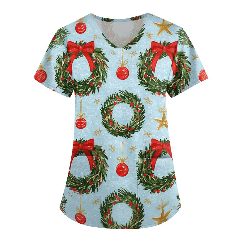 Women's Christmas Print Short Sleeve V-Neck Loose Fit Caregiver Uniform with Pockets