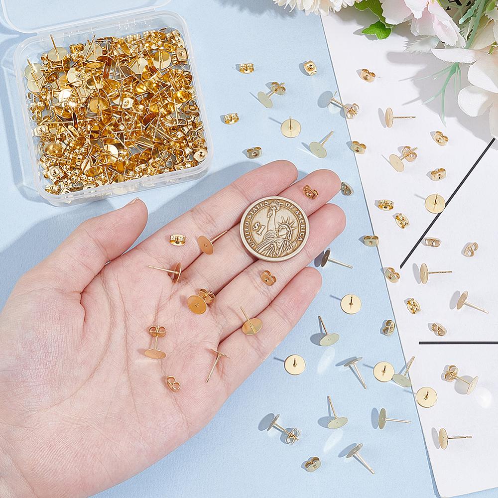 150Pcs 304 Stainless Steel Stud Earring Findings, with 150Pcs 304 Stainless Steel Ear Nuts, Flat Round, Real 24K Gold Plated, 12x8x0.3mm, Pin: 0.8mm