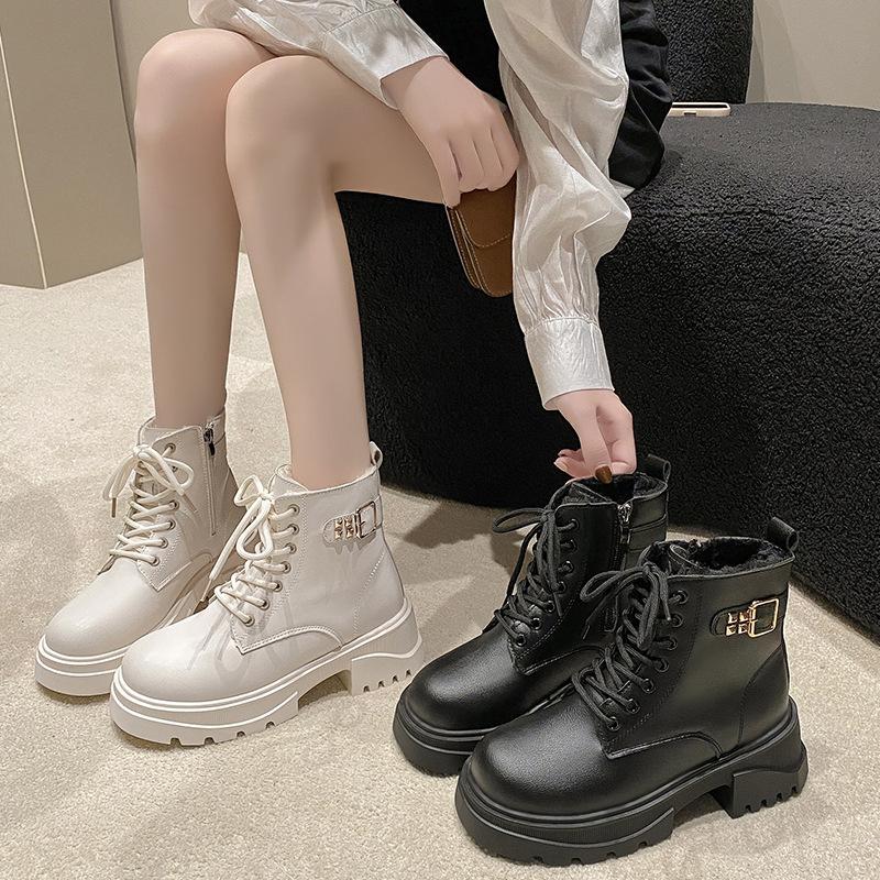 Mote Søte Ankel Dame Støvletter Vinter Snøring Glidelås Sko for Kvinner Hestesko Høye Hæler Varm Plysj Metallspenne Lær Moderne Støvletter Zapatos