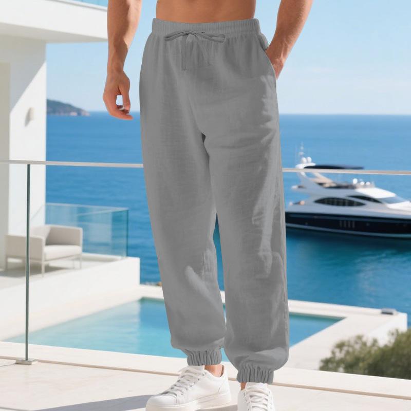 European and American men's linen casual loose leggings cotton and linen breathable simple beach pants