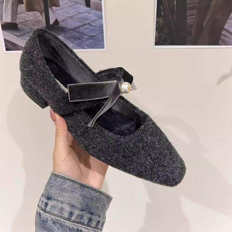 Winter Shallow Butterfly-knot low Heel Pumps Fashion Square Toe Fleece Flet Ballet Flats Ladies Buckle Strap Warm Plush Loafers
