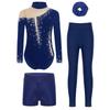 Ensemble de gymnastique et de danse pour filles Manches longues Dos avec découpe Strass Scintillants Justaucorps avec Short Leggings Bandeau pour Cheveux