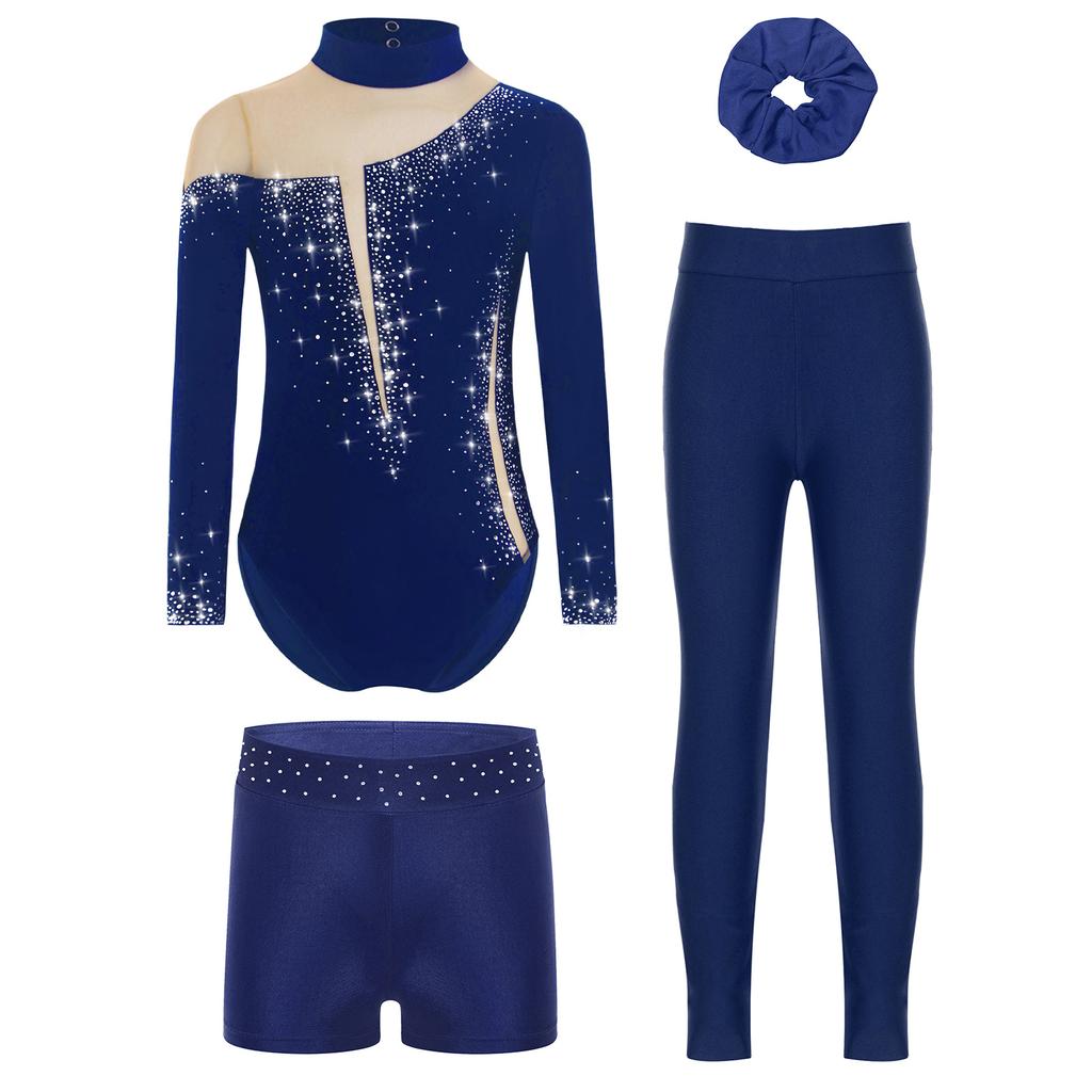 Ensemble de gymnastique et de danse pour filles Manches longues Dos avec découpe Strass Scintillants Justaucorps avec Short Leggings Bandeau pour Cheveux