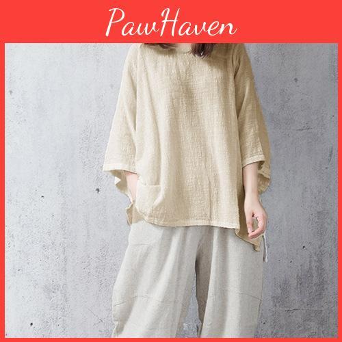 Sleeve Retro Size Large Long Tops Loose Autumn Cotton Tshirt Womens