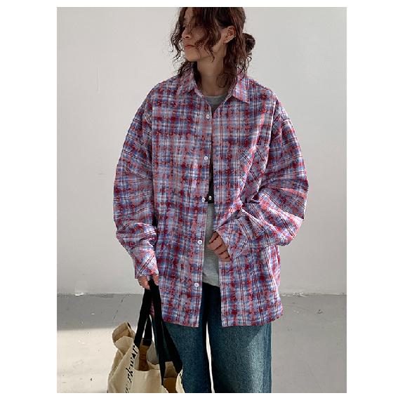 Blackbb Women's Tie-Dyed Plaid Shirt, 24 Spring and Autumn New Loose Casual Lazy Coat