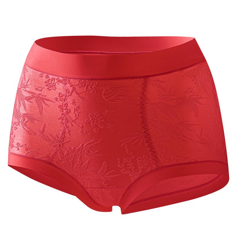 

Жіноча весняно-осіння нова китайська жакардова вишивка тисненням Дихаюча Антибактеріальна ластка Безшовна Висока талія Білизна XXL яскраво-червоного кольору