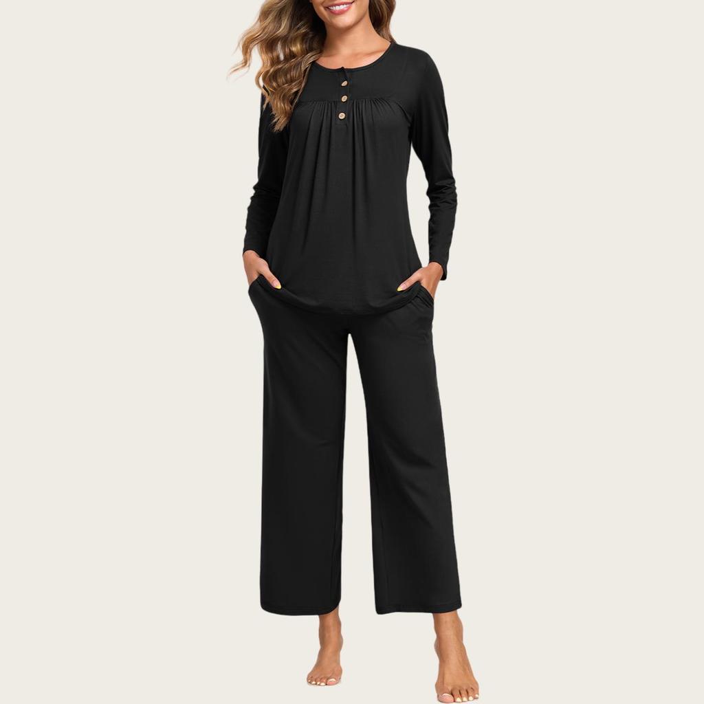 European & American Women's Fashion: Autumn 2025 2-Piece Pajama Set – Casual Long Sleeve Top & Pants with Pockets