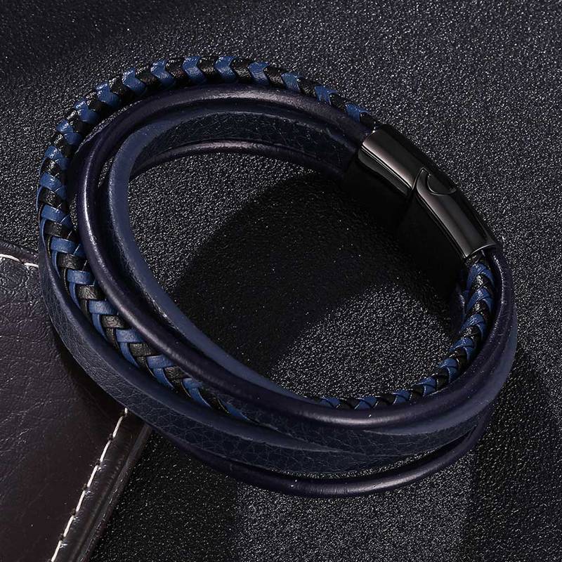 New Men Bracelet Stainless Steel Magnetic Clasp Braided Mutilayer Leather Wrapping Punk Rock Bangles Man Jewelry Gift BB1078