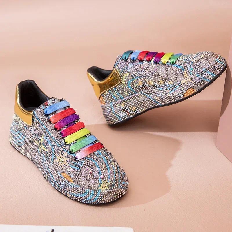 Sneakers Women's Big Size  New Color Rhinestone Fashion Women Loafers Platform Fashion Shiny Women's Shoes Graffiti Rhinestone