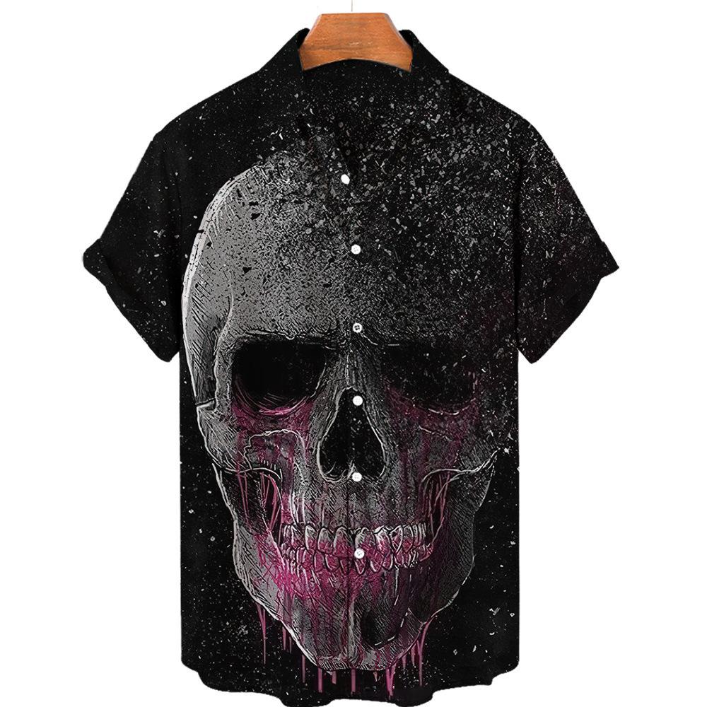 Trendy Skull Floral Print Short Sleeve Shirt, Casual Summer Wear