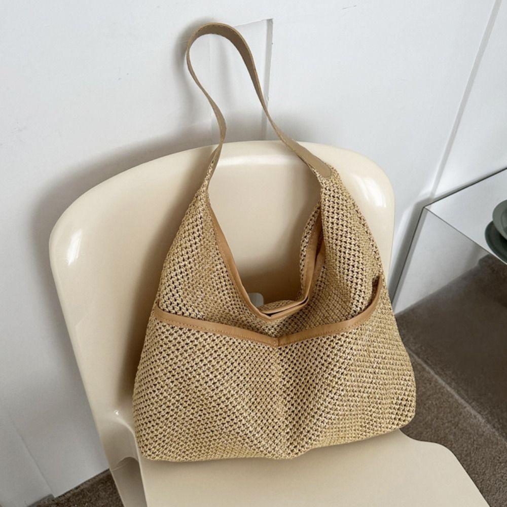 Large Capacity Straw Shoulder Bag Khaki Underarm Tote Bag Fashion Woven Handbag  Summer