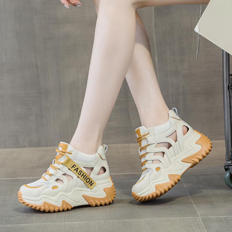 

-99 увеличение внутренней высоты на 7 см кожаные кроссовки папы для женщин, весенняя новинка, универсальная корейская версия, толстая подошва, маффин-брейк 40 жёлтый