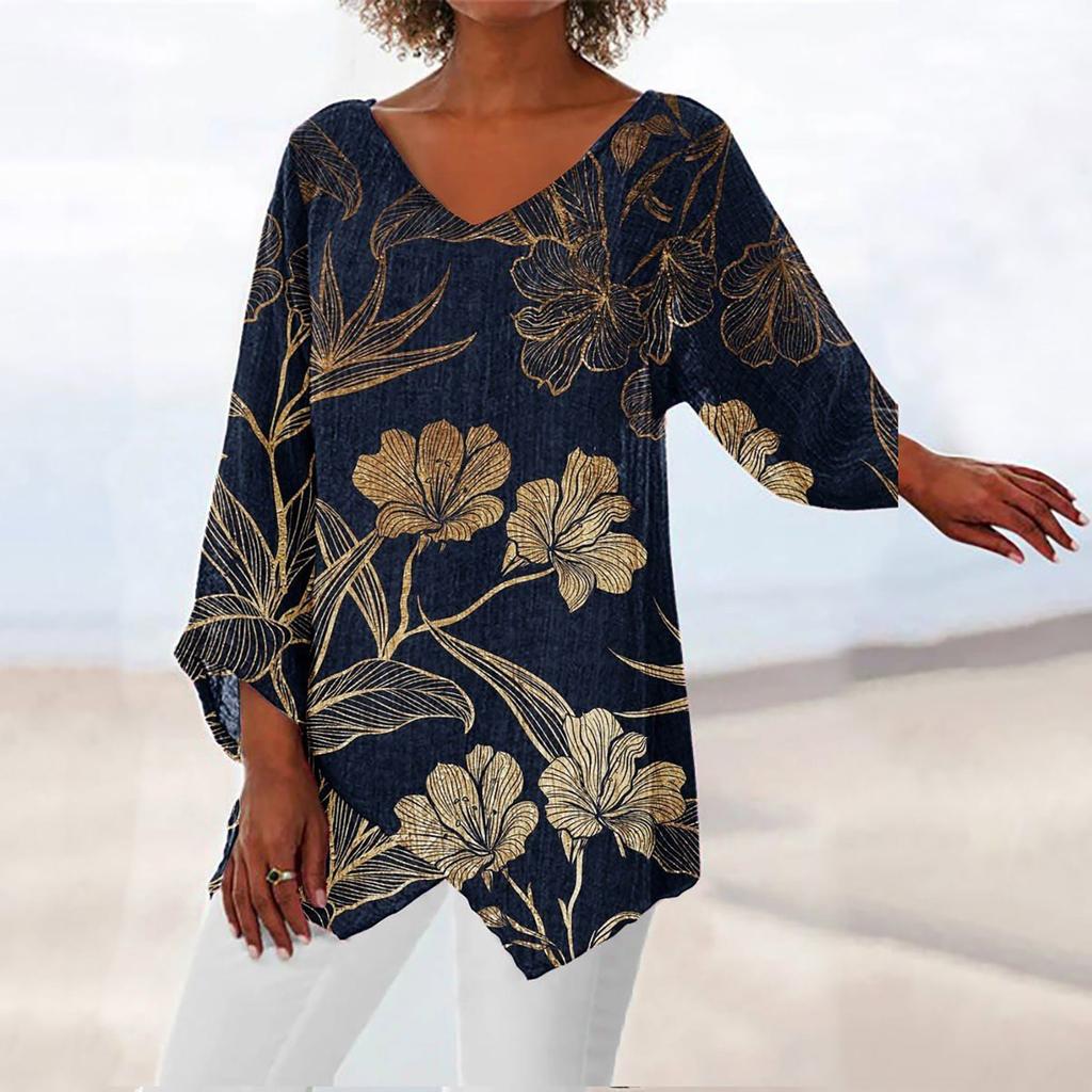 Women's Casual Solid Color Printed V-Neck Loose Irregular Hem Mid-Long Sleeve Top