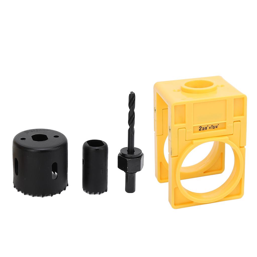 Zestaw montażowy zamka do drzwi z regulowanym szablonem prowadzącym, zamkiem kulkowym, otwornicą i trzpieniem do