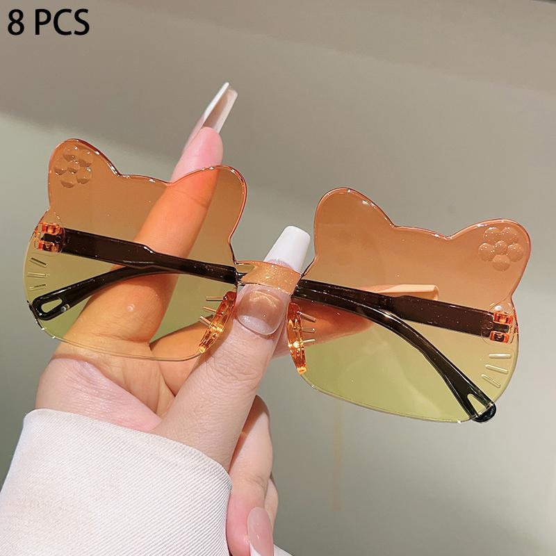 8 Pcs Cute Cat Shaped Sunglasses for Kids Fashion Gradient Multi-color Decor Girls Shades Trendy Rimless Stylish Sun Glasses