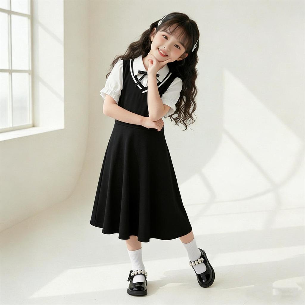 Girls' Stylish Academy-Style Shirt Collar Dress - Kids' Two-Piece Summer Outfit