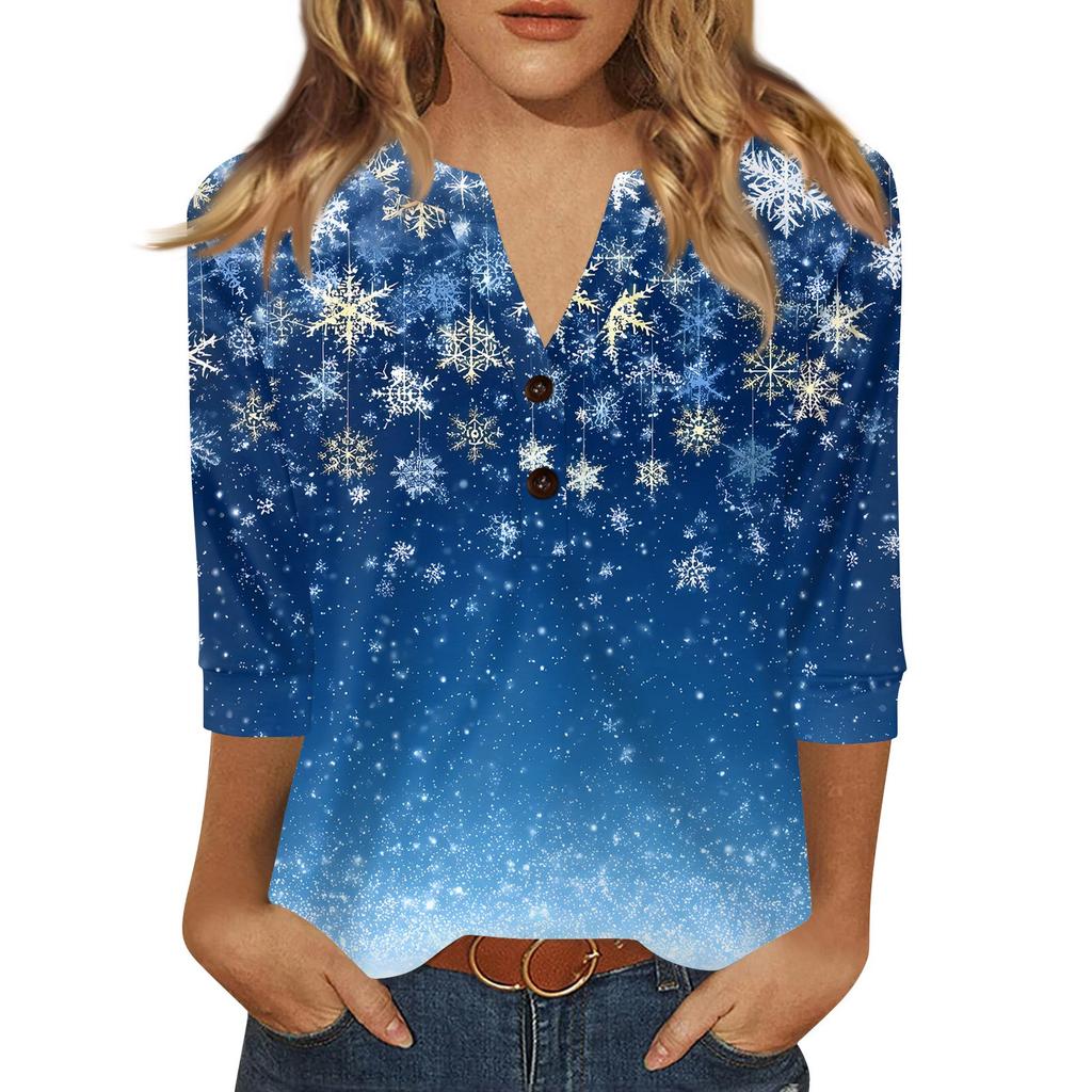 Women's T Shirt Christmas Print Button 3/4 Sleeve Daily Weekend Fashion Basic V- Neck Regular Top