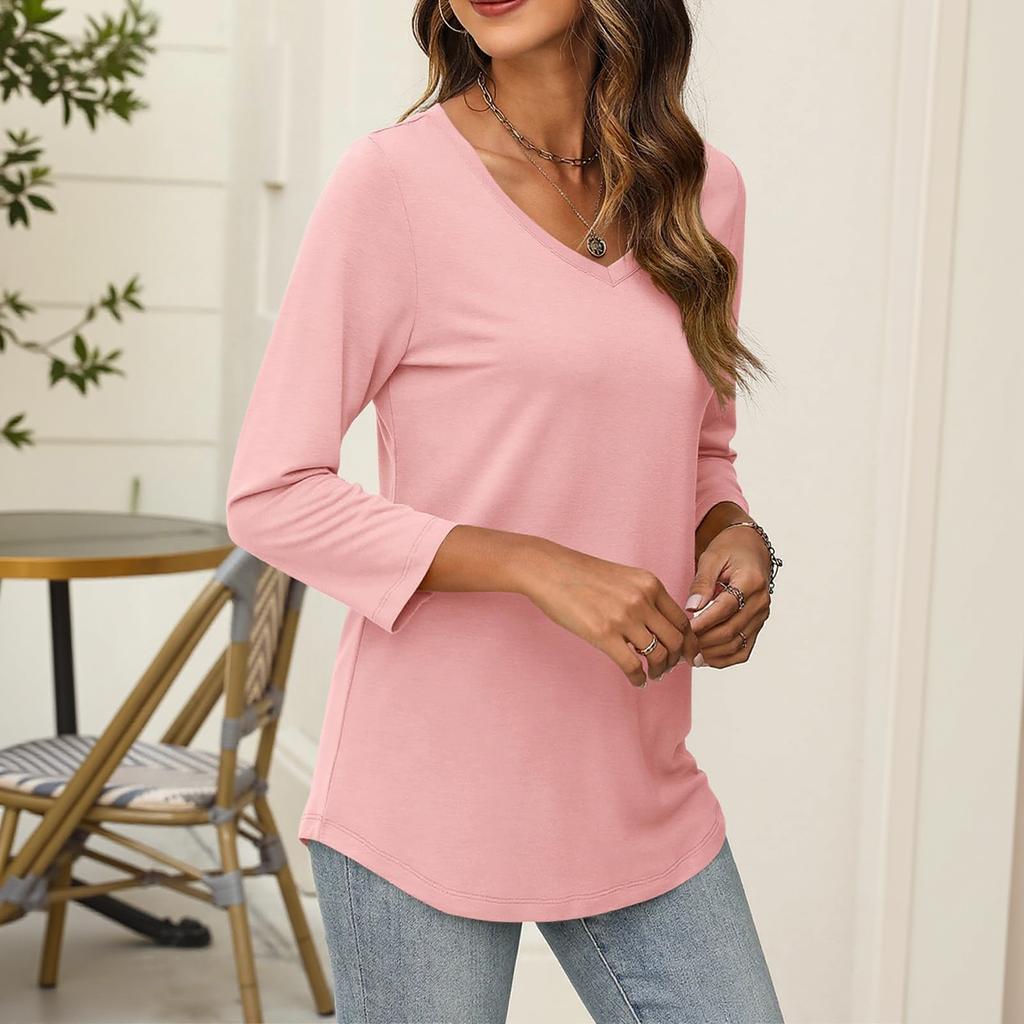 Damen T-Shirt Tee 3/4 Ärmel Tunika Täglich Wochenende Mode Basic V-Ausschnitt Normales Oberteil