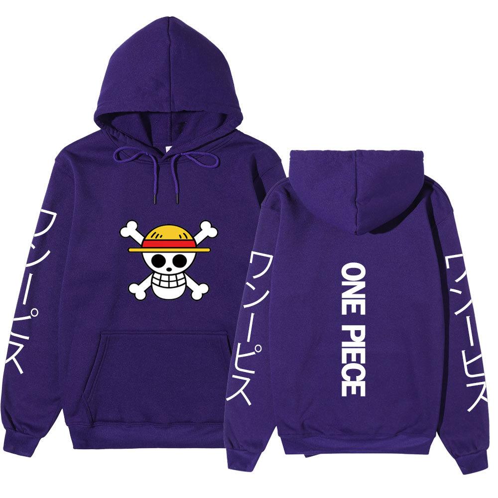 One Piece Straw Hat Jolly Roger Hoodie, Japanese Letter Sleeve Print Pullover Sweatshirt Unisex Casual Streetwear