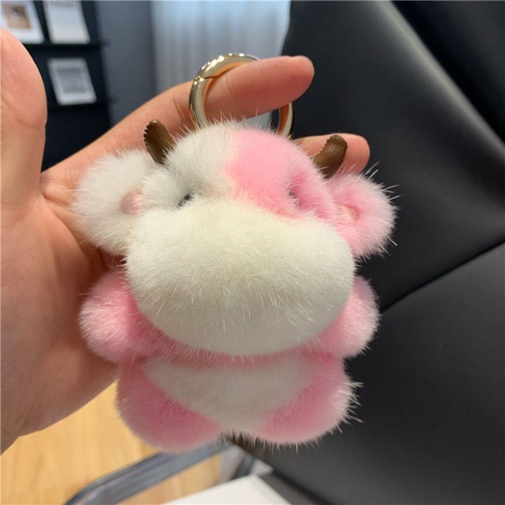 Keyring Long Mane Calf Pendant with Horn Simulation Mink Fur Cow Keychain Soft Bag Decor Cute Animal Keychain Girls