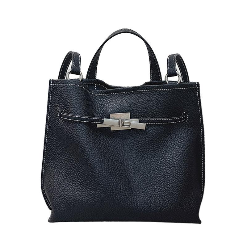 Niche Design Lock Buckle Leather Bucket Bag Pebble Pattern Top Layer Cowhide Large Capacity Portable Commuter Shoulder Bag
