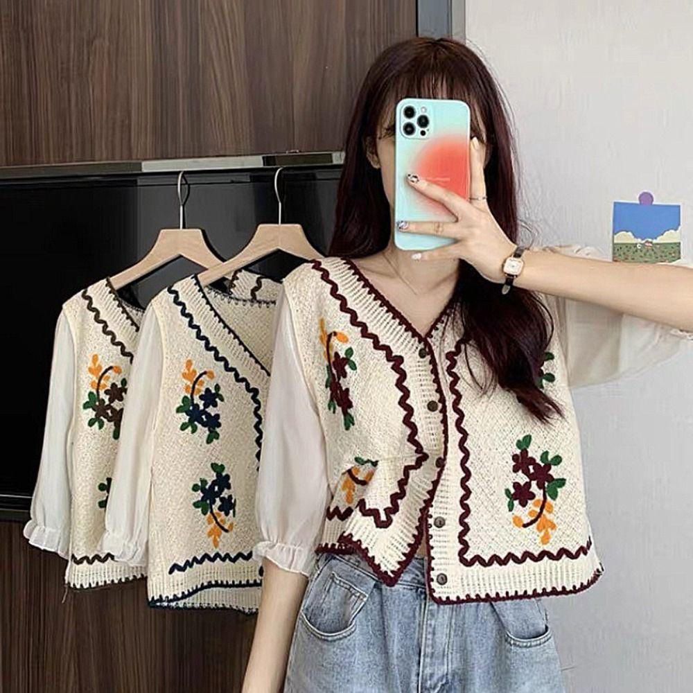 Flower Embroidery Chiffon Sleeve Shirts Button Front Short Top New Crochet Blouse  Women