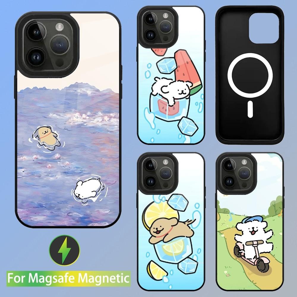 Korea Line Puppy Maltese Phone Case For iPhone 15,14,13,12,11,Plus,Pro,Max Mini Magsafe Magnetic Wireless Charging