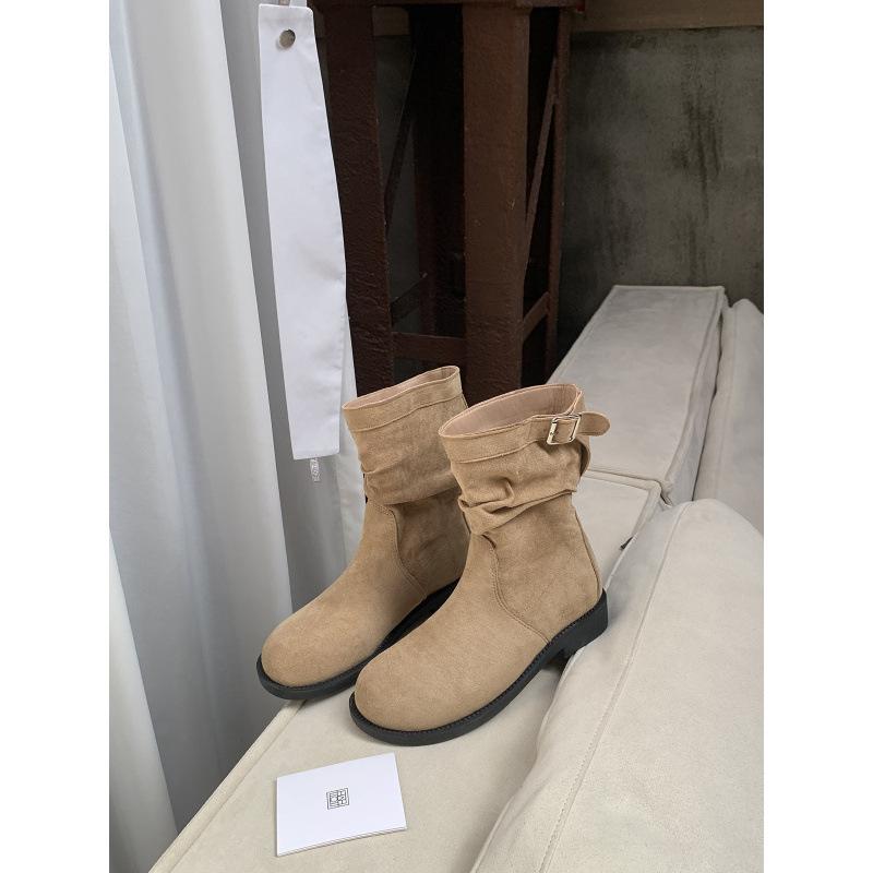 Cowhide~ Retro round head belt buckle pleated stack medium boots thick heel thick sole knight boots short boots women