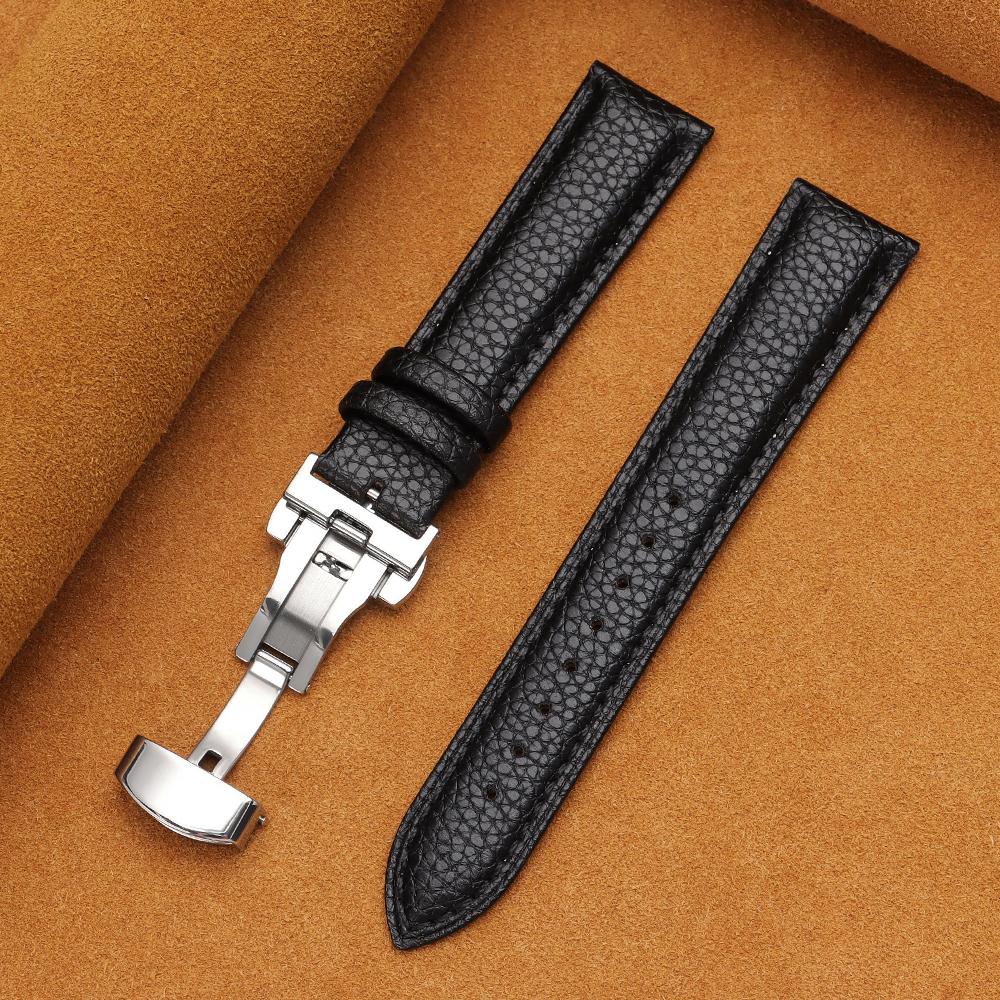 

12/14/16/18/19/20/22mm Calfskin Watchbands Litchi Grain Strap Genuine Leather Wristwatch Band Butterfly Buckle Watch Accessories 12mm