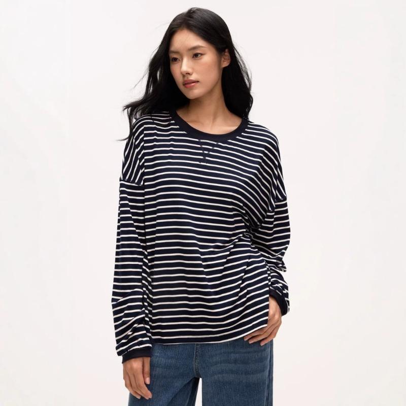 Women S Loose Fit Striped Long Sleeve Round Neck T Shirt Inner Wear