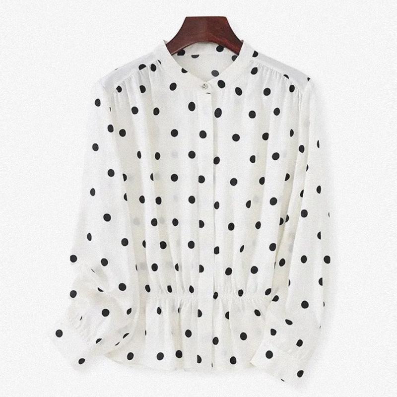Polka Dot Silk Shirt Women's Summer Stand-up Collar Fashion Waist Mulberry Silk Shirt Cardigan