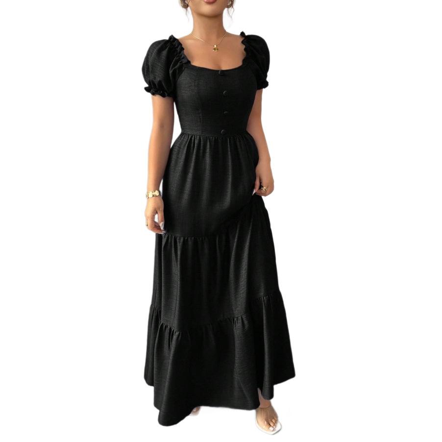 European and American style French square neck dress for women, bubble sleeves closed waist and thin layered large pendulum long A-shaped skirt