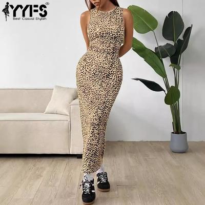 Women's Fashion Summer Spring Leopard Print Sleeveless O-Neck High Waist Casual Dresses