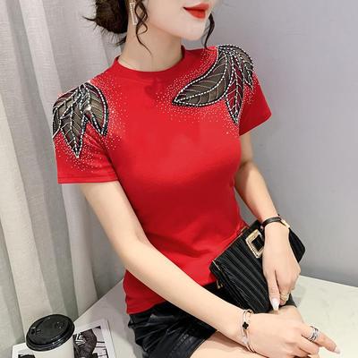 2024 Dam Slim Fit Spets Ihålig Diamant T-shirt - Kortärmad, Rundhals Mode för Vår/Sommar