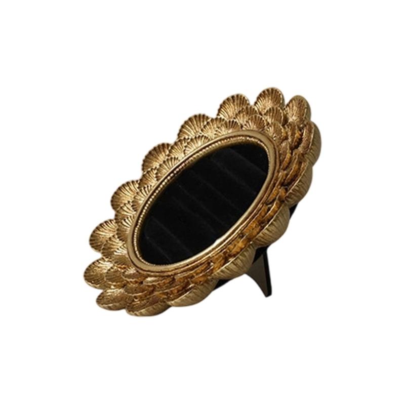 Vintage Jewelry Display Tray with Ring Slots, Gold Tone Oval Holder for Vanity Display and Photography Styling